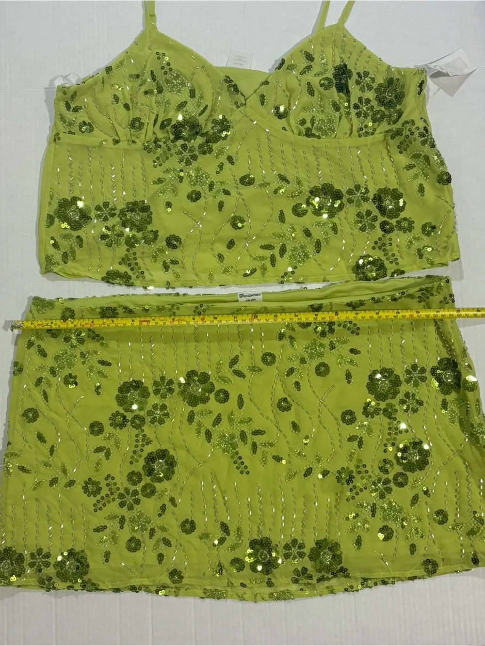 No Boundaries Lime Green Sequin Floral Crop Top & Mini Skirt Set